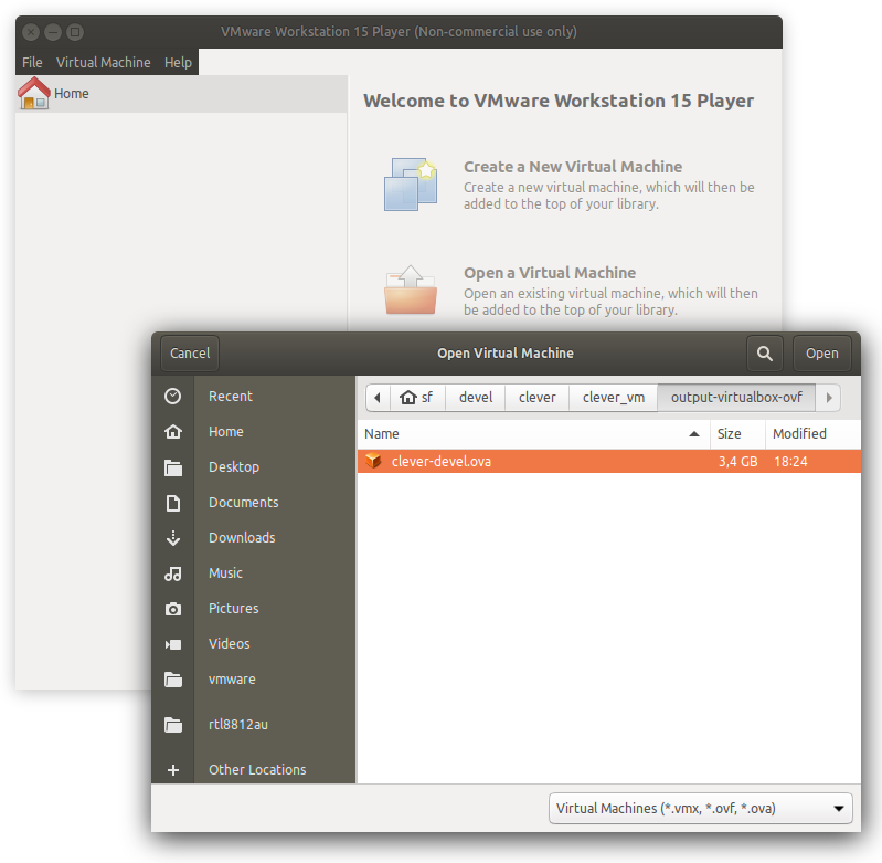 Open dialog with clever-devel.ova selected